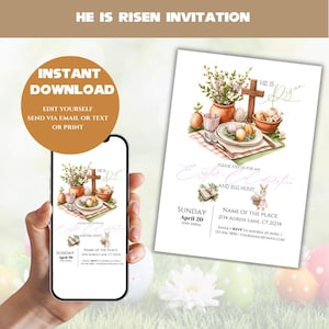 May include: Printable Easter invitation with a watercolor illustration of a table setting with a cross, flowers, and eggs. The text reads "He is Risen" and "Please join us for an Easter Celebration and Egg Hunt".
