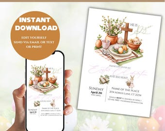 Easter Invitation He Is Risen Religious Easter Invitation Brunch Invitation brunche Easter  Hunt Editable Template, Printable Invitation