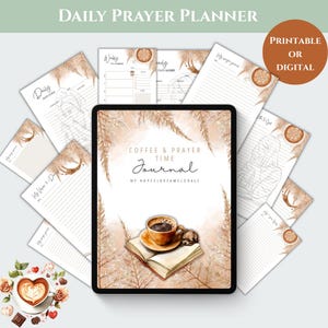May include: A digital planner with a watercolor background featuring a cup of coffee and a book. The planner is titled "Coffee & Prayer Time Journal" and includes the text "My Hopes, Dreams, Goals".