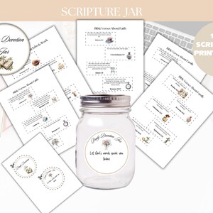 May include: A printable set of 120 scripture cards for a daily devotion jar. The cards feature Bible verses about faith, with illustrations and a jar with a label that says "Daily Devotion Jar".