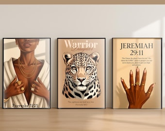Christian Wall Art set of 3 black women wall art Jeremiah 29 11 Proverbs 31:25  Scripture Quotes, Faith Based Black Woman Decor Set