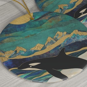 Enchanting Orca Northern Lights Ceramic Ornament, A Stunning Holiday Keepsake | Orca & Aurora Ceramic Ornament