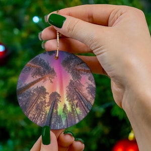Northern Lights Ceramic Christmas Ornament | Aurora Borealis Shining Over Tall Trees, Perfect for Holiday Decor