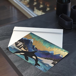 Tarjetas navideñas con orcas y orcas (impresión a doble cara) / Tarjeta de felicitación con auroras boreales y orcas majestuosas, ilustraciones encantadoras en papel de primera calidad