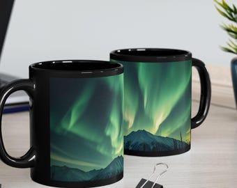 Caneca de cerâmica preta Aurora Boreal | Xícara de café Aurora Boreal | Presente Céu Noturno Ártico