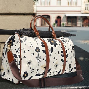 Minimalist Floral Travel Bag | Chic Black & Cream Weekender Duffel | Waterproof Overnight Bag | Boho Elegant Carry On Luggage