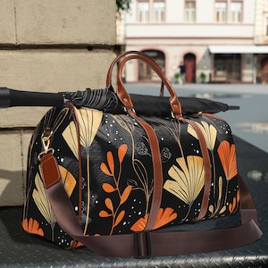 Midnight Bloom Travel Bag | Chic Black & Gold Floral Duffel | Waterproof Weekender Bag | Stylish Carry-On Luggage | Elegant Overnight Tote