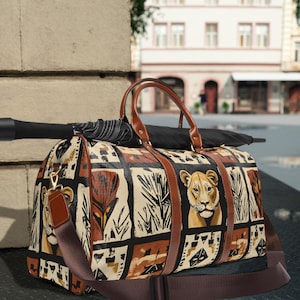 Safari Lioness Travel Bag | Waterproof Weekender Duffel | African Tribal-Inspired Carry-On | Animal Print Overnight Bag | Luggage