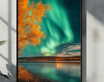 Aurora Borealis Autumn Landscape Print | Northern Lights Wall Art (Digital Download)