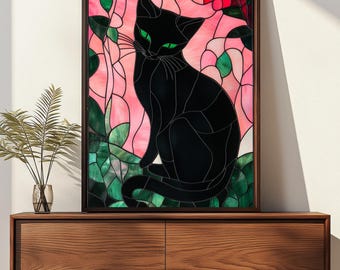 ラファエル作「ステンドグラスの黒猫」 - デジタルアートプリント