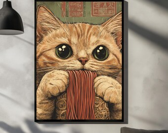 Retro Japanese Cat Noodle Art Print | Funny Kitten Wall Decor (Instant Download)
