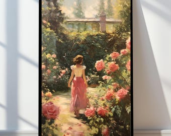 Romantic Rose Garden Art Print | Vintage Oil Painting (Digital Download)