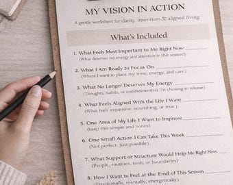 Hoja de trabajo "Mi visión en acción" / Guía imprimible para establecer metas / Claridad de visión y vida intencional / Autorreflexión y crecimiento personal (PDF)