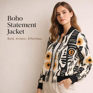 Op de afbeelding: Een crèmekleurige Boho Statement Jacket met een zwart en oranje bloemenpatroon. De jas heeft een zwarte kraag, manchetten en zoom. De tekst op de afbeelding luidt: "Boho Statement Jacket. Bold. Artistic. Effortless."