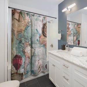 Vintage World Map Shower Curtain | World Map Shower Curtain for Wanderlust  and Adventure Lovers | Unique Bath Decor