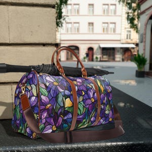Stained Glass Floral Travel Bag | Purple Flower Weekender Duffel | Waterproof Artistic Carry-On | Elegant Overnight Tote for Travelers
