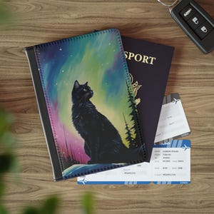 Aurora Borealis zwarte kat paspoorthoes | Noorderlichtpaspoort | Black Cat-paspoorthoes | Hoes dierenpaspoort