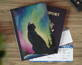 Funda para pasaporte con diseño de gato negro y aurora boreal / Funda para pasaporte con diseño de auroras boreales / Funda para pasaporte con diseño de gato negro / Funda para pasaporte con diseño de animales