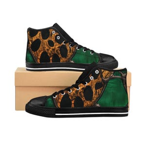 Bold Jungle Print Women&#39;s High Top Sneakers | Green & Brown Art Sneakers | Animal Print Inspired Canvas Shoes | Unique Gift for Her