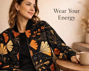 Black Floral Bomber Jacket | Gold & Orange Botanical Print