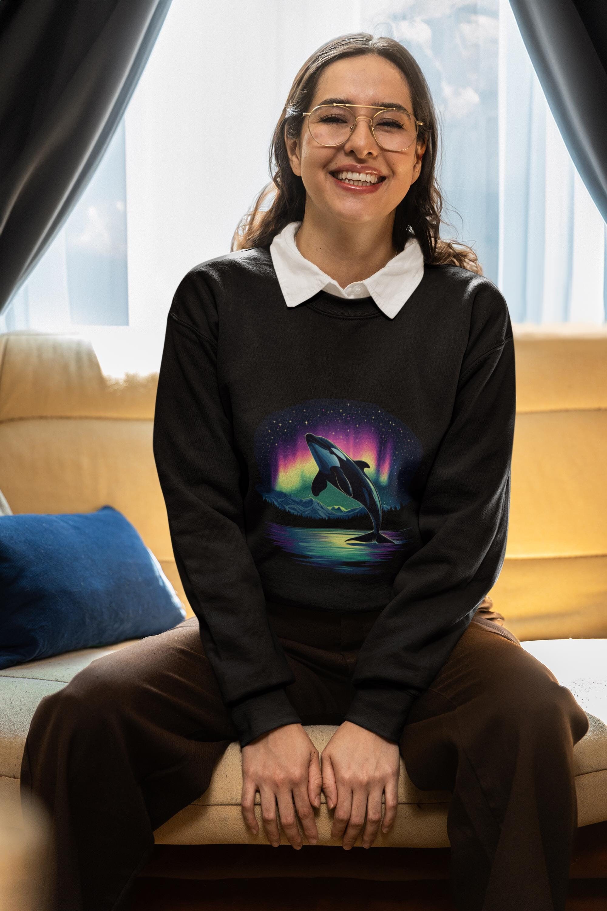 Celestial Orca Under Aurora Borealis Crewneck Sweatshirt | Killer Whale Northern Lights Sweartshirt