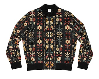 Boho Folk Floral Bomber Jacket | Vintage-Inspired Patterned Jacket | Retro Bohemian Outerwear for Stylish Layering