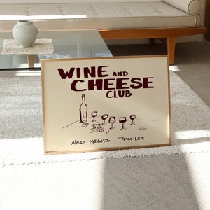 Wine and Cheese Club Art Print, vintage stijl voedselkunst, handgetekende schets, wijnillustratie, retro keukenposter, horizontale keukenkunst