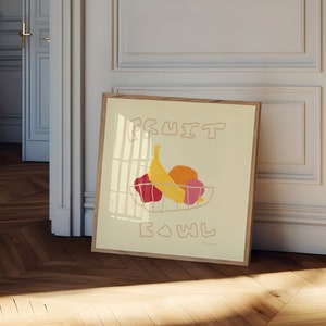 Square Fruit Bowl Art Print Hand Drawn Food Art Retro Kitchen Print Colorful Mid-Century Food Poster Produce Print Cute Kitchen Poster