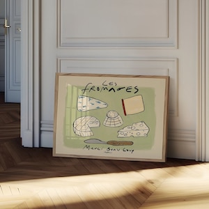 Horizontale kunstdruk Les Fromages, poster Franse kaas, vintage food Art, trendy keukenkunst, poster Merci Beau Coup, neutrale keukenprint