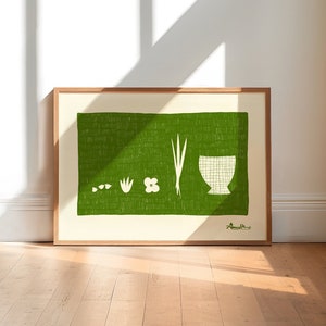 Lámina artística de ramo deconstruido, póster de jarrón moderno de mediados de siglo, impresión verde oliva, póster botánico bohemio, decoración del hogar bohemia, dibujo a mano