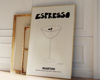 Impresión artística de Espresso Martini, póster minimalista de cóctel, arte estético para carrito de bar, decoración de pared moderna, arte en negro y beige, impresión neutra para cocina