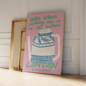 Spilling Tea Teapot Art Print, Retro Food Print, Pink Kitchen Decor, Vintage Food Art, London Poster, Breakfast Print, Coffee Bar Art