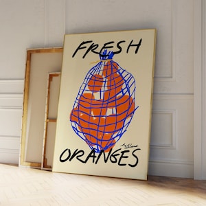Lámina artística de naranjas frescas, póster de bolsa de naranjas, póster de cocina colorido, impresión de fruta fresca de moda, póster retro de productos agrícolas, impresión de mercado de frutas