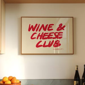 Wine and Cheese Club print, minimalistische typografie poster, handgetekende woorden, trendy appartement kunst, retro keuken muur kunst poster, horizontaal