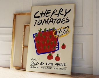 May include: A white sign with black and red text and a hand-drawn illustration of a basket of red cherry tomatoes. The sign reads "CHERRY TOMATOES 4.77 per lbs SOLD BY THE POUND GROWN BY THE FINEST LOCAL FARMERS".