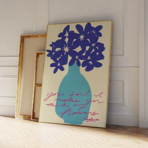 Lámina artística "Recordatorios dulces", póster de flores azules, estampado de jarrón moderno, arte mural azul, arte botánico moderno, estampado floral, arte con frases bonitas