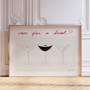 Care For A Drink Art Print, Espresso Martini Poster, Hand-drawn Cocktails, Kitchen/Bar Cart Art, Trendy Wall Art, Black & Beige, Neutral