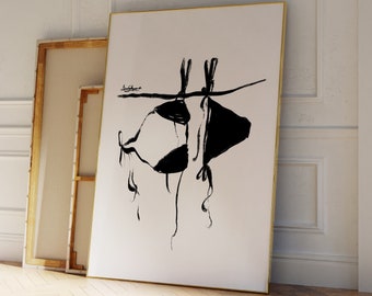 Bikini Art Print, Trendy Minimalist Line Art, Hand Drawn, Beachy Retro Print, Modern Fashion Poster, Black & White Print, Gallery Wall Art