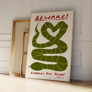Beware Cuddles Too Tight Snake Art Print, Hand Drawn, Modern Funky Print, Gallery Wall Decor, Trendy Wall Art, Green Snake Print
