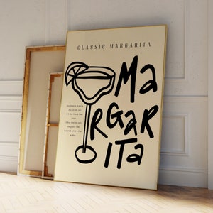 Klassische Margarita Kunstdruck, Handgezeichnetes Cocktail Poster, Ästhetische Küche/Bar Kunst, Trendige Wanddekoration, Schwarz und Beige, Neutral, UNGERAHMT