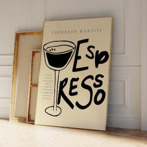 Impresión artística de Espresso Martini, póster de cóctel dibujado a mano, arte estético para cocina o bar, decoración de pared moderna, arte en negro y beige, neutro, sin marco