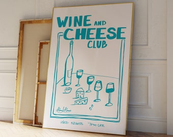 Konsttryck med vin- och ostklubb, matkonst i vintagestil, handritade drycker, vinillustration, retro köksaffisch, minimalistisk kökskonst