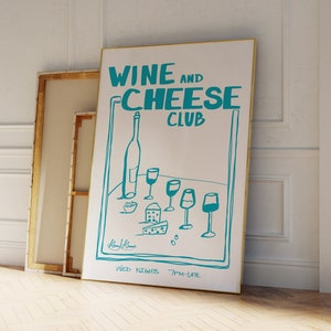 Wine and Cheese Club Art Print, vintage stijl eten kunst, handgetekende drankjes, wijn illustratie, retro keuken poster, minimalistische keukenkunst