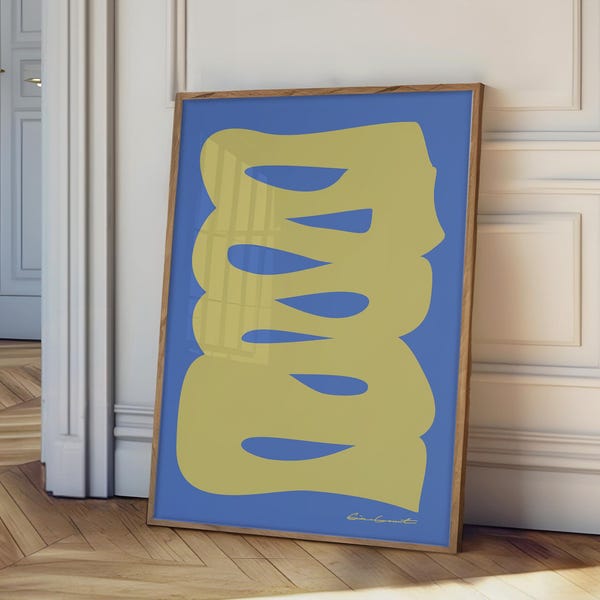 Impression d'art abstraite gribouillis vert, oeuvre d'art tendance pour appartement, oeuvre d'art murale de galerie, affiche d'exposition, moderne Mid-Century, impression bleu rétro, Bauhaus