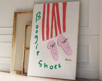 Boogie Shoes Art Print, Hand Drawn Art Print, Mid Century Modern, Disco Pink Print, Funky Illustration Print, Retro 70's Fashion Poster