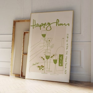 Happy Hour Kunstdruck, Handgezeichnetes Getränke Poster, Retro Martini Kunstdruck, Wein Illustration, Cocktail Bar Cart Art, Oliven Poster, NYC