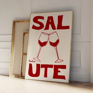 Salute Art Print, Retro Wine Poster, Italian Script Word Art, Minimalist Bar Cart Art, Red Wine Illustration, Modern Kitchen Poster, Vintage