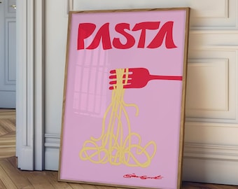 Pink Pasta Poster Art Print, Retro Food Print, Mid Century Modern Kitchen Decor, Noodle Poster, Colorful Kitchen Wall Art, Spaghetti Poster