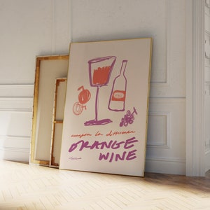 Orange Wein Kunstdruck, Wein und Käse Poster, Vintage Food Art, trendige Bar Cart Art, Retro Cocktail Print, handgezeichnet, italienischer Druck