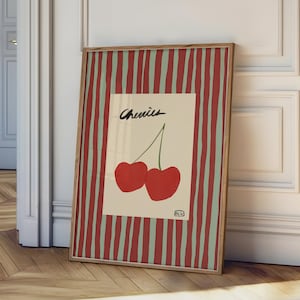 Wiśnie Art Print, Nowoczesna sztuka kuchenna, Wydruk owoców, Estetyczny plakat z jedzeniem, Modny wystrój wózka barowego, Wydruk ścienny galerii, Wydruk w czerwone paski